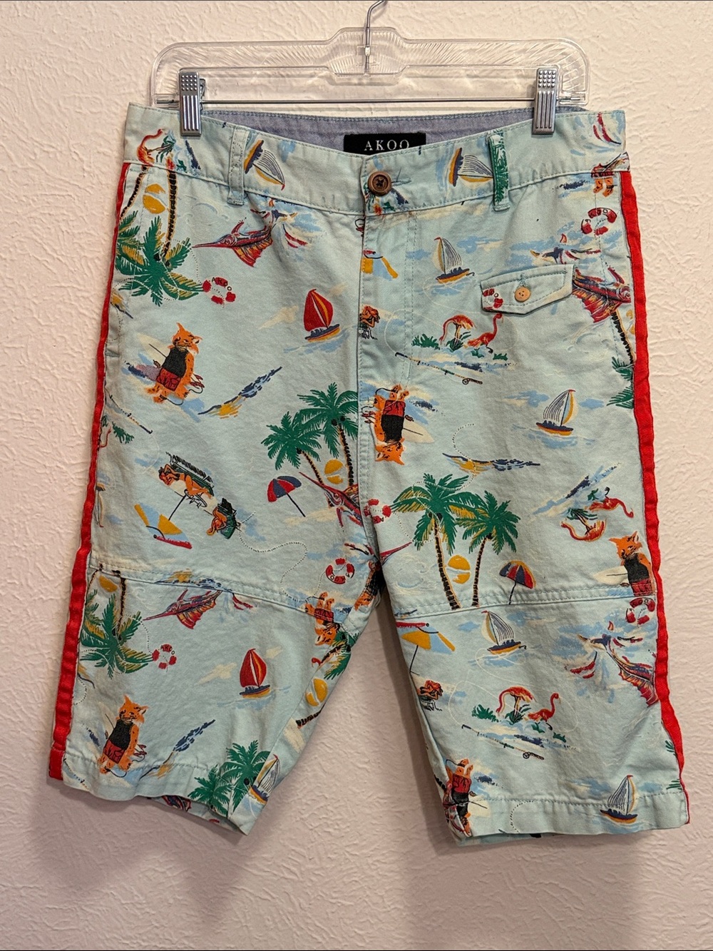 🌊🌊🌊BOGOHO🌊🌊🌊AKOO Light Blue Tropical Print Shorts with Red Side Trim-32